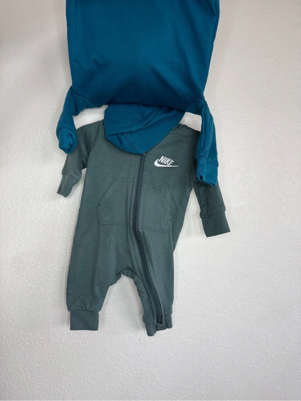 Nike Teal Blue Hooded Baby One-Piece with White Swoosh